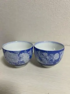 有田焼 静山作 湯呑 2客セット 牡丹柄 藍染 湯呑み 茶器
