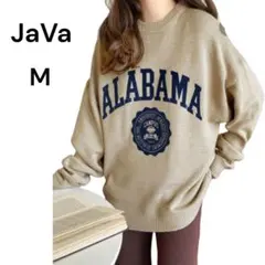 ジャバ アメカジフロッキープリントニットプルオーバー M ベージュオーバーサイズ