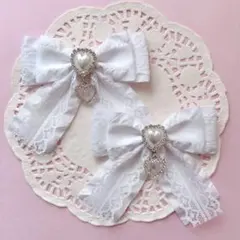 【ハンドメイド】白色 フリルリボン ヘアクリップ ハート 量産型 地雷系 推し活