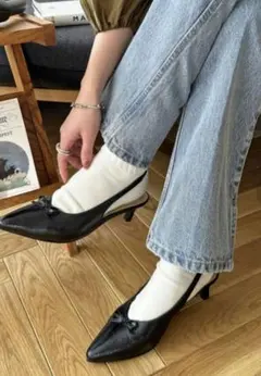 値下げ【新品】DISCOAT リボン付きヒールパンプス ブラック