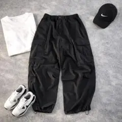 N49 GU スーパーワイドカーゴパンツ 裾ドロスト サイドポケット 黒 M