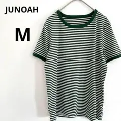 JUNOAH 緑と白のボーダー柄 半袖トップス リブ編み クルーネック Mのサムネイル