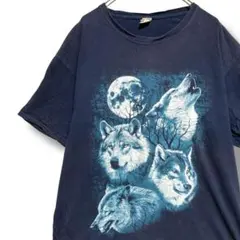 FAZH アニマル Tシャツ ネイビー 狼 オオカミ ウルフ 満月 動物