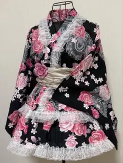 浴衣ドレス 大人用 姫ギャル 花 黒 ブラック セパレート 白 ホワイト