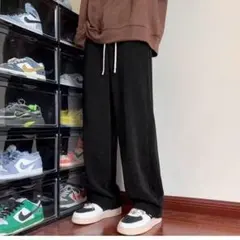 コーデュロイ ワイドストレートパンツ XL ブラック カジュアル 男女兼用 黒