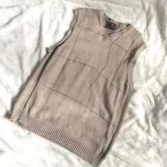 メンズ コットン ニットベスト　LL ベージュ ブラウン 古着