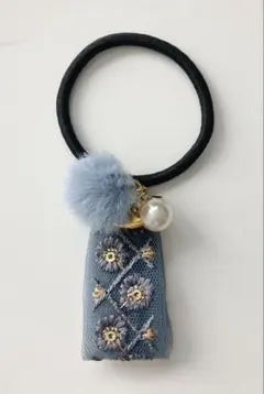 331)ハンドメイド　インド刺繍リボン　ヘアゴム　ビーズ