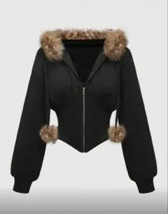 ファー付き クロップドパーカー ブラック