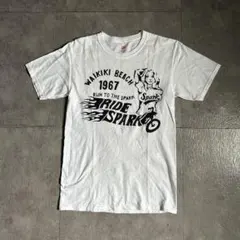 HanesボディUSA古着バイカーTシャツルード系ファイヤーロゴ両面ワイキキ