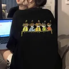 ガールズプリント 半袖Tシャツ ブラック オーバーサイズ