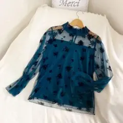 【未使用タグ付】ハイネックレースブラウス 袖フリル シアーブラウス　韓国通販