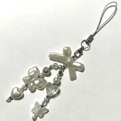 No.47シンプル パール リボン 韓国 ハート ビーズキーホルダー