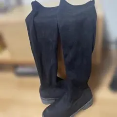 黒 スエード ロングブーツ 低ヒール