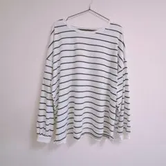 【100e】ストライプTシャツ　オーバーシャツ　サイドスリット　レディース