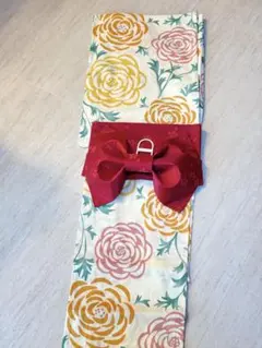 新品　未使用　16,000円　花柄浴衣　赤　リボン　付け帯　セット　アイボリー
