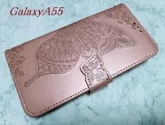 Galaxy A55 用 スマホケース 手帳型 蝶 花柄 ピンクゴールド