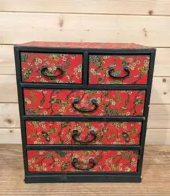 赤い花柄の紙製小物入れ 5つ引き出し　昭和レトロ　裁縫箱　アクセサリー入れ