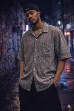 ⭐️L’ALL⭐️オープンカラーシャツ⭐️半袖⭐️コットン100%⭐️グレーストライプ‼️