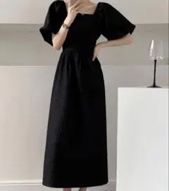 美品ABI TOKYO ふくれジャガードパフスリーブワンピース　ブラックL