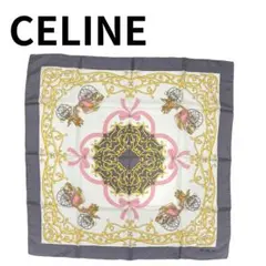 セリーヌ CELINE スカーフ シルク 100％ 馬車柄 グレー ゴールド