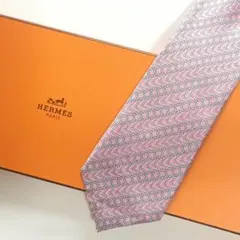 未使用級 エルメス HERMES ネクタイ フランス製 ピンク チェーン柄