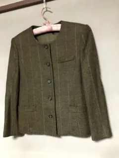 DAKS ノーカラー ツイードジャケット オリーブグリーンのサムネイル