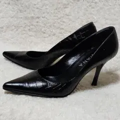 DIANA クロコ型押し パンプス 黒 ポインテッドトゥ 23.5cm 本革