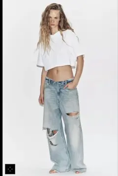 ダメージ加工 ワイドレッグデニムパンツ