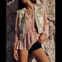 ZARA／ワッシャー加工／シフォンブラウス／サーモンピンク系／Mのサムネイル