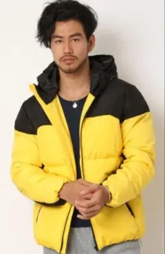 イエロー ブラック フード付きダウンジャケット