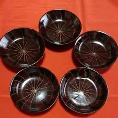 骨董　木製漆器 菓子皿 小皿　金彩入り ひねり紋 5点