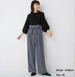 リボン付きグレー ワイドパンツ Mサイズ