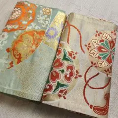 袋帯 2つ セット 花柄 緑 金 オレンジ
