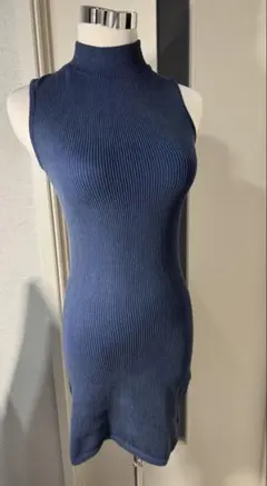 ZARAリブ編みブルーノースリーブミニワンピース XS-s