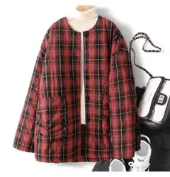 レトロ ノーカラージャケット 中綿入り チェック 暖かい おしゃれ アウター