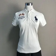 Y2K ラルフローレン ポロシャツ ビッグポニー 白 ネイビー USA 星条旗