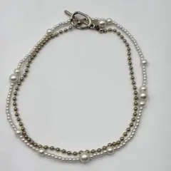 美品　ユナイテッドアローズ　パールメタルボールダブルチェーンネックレス　ゴールド