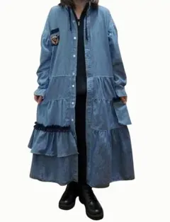 古着リメイク　デニムティアードワンピース 　リメイクデニムシャツ