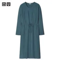 ユニクロU シャイニーレーヨンワンピース 長袖 ダークグリーン S