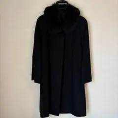 カシミヤ100％ ブルーフォックスファー付 ロングコート 黒 9号