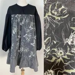 iS ScoLar 花柄 蝶柄 シアー ブラウス ギャザー チュニック 黒 Mのサムネイル