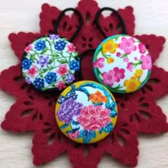 琉球　紅型調　花柄 　和柄　くるみボタン ヘアゴム38mm3個セット