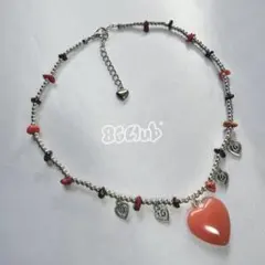 No.017 ♡ ハンドメイド ネックレス ハートうずまき パステルレッド