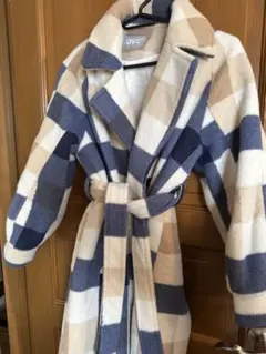 チェック柄ロングコート ベージュ ネイビー