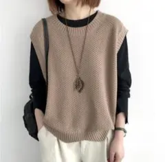 ニットベスト　ベージュ　フリーサイズ　 ジレ　重ね着　着回し　シンプル　おしゃれ