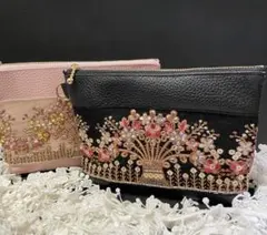 インド刺繍リボン&フェイクレザー（合皮）　ポーチ　ハンドメイド♪黒