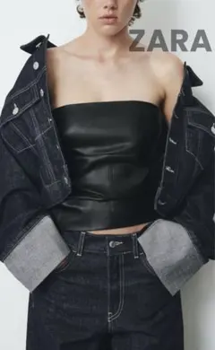 新品タグ付き ZARAザラ M エコレザービスチェベアトップ ブラックレザー