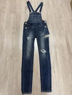 GYDA ダメージ加工 細身デニムサロペット ダークブルー Sサイズ