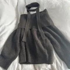 ブラウン オフショルダー ニット リボン付き