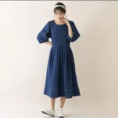 美品　ローズティアラ デニムワンピース ギャザー インディゴ 38 シャーリング